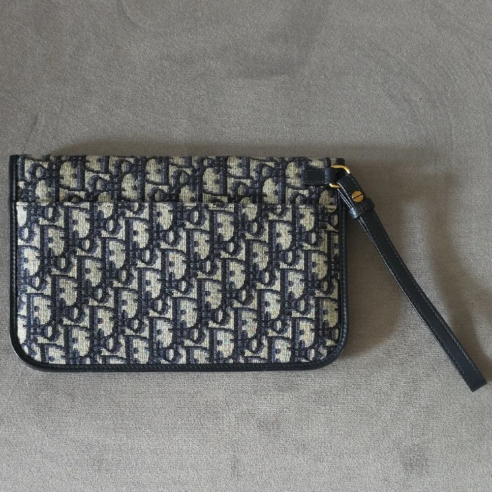 AUTHENTIC CHRISTIAN DIOR Oblique Flap Pouch Clutch Navy Blue - Picture 2 of 16